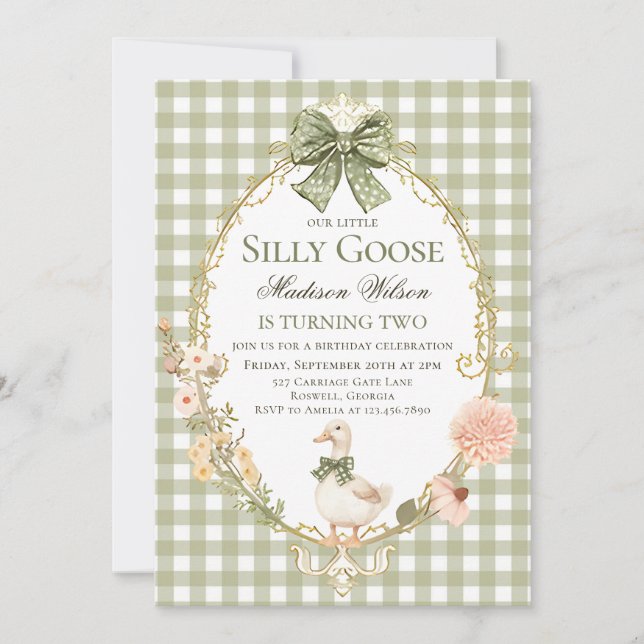Convite Silly Goose Floral Green Gingham Birthday Party (Frente)