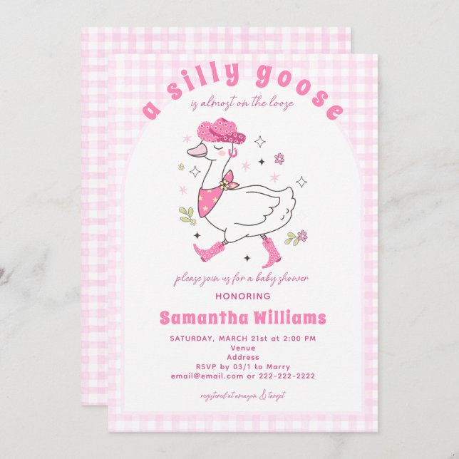 Convite Silly Goose Gingham Plaid Western Girl Baby Shower (Frente/Verso)