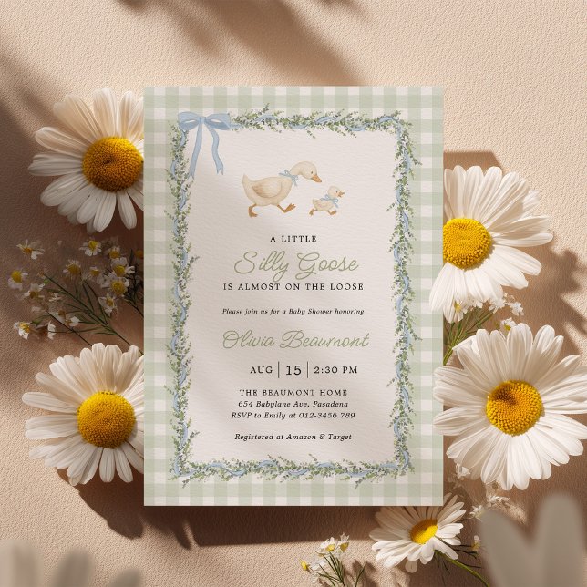Convite Silly Goose Green Gingham Baby Shower Invitation (Criador carregado)