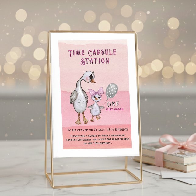 Convite Silly Goose & Pink Bow | Time Capsule Station Sign (Silly Goose & Pink Bow | Time Capsule Station Card)