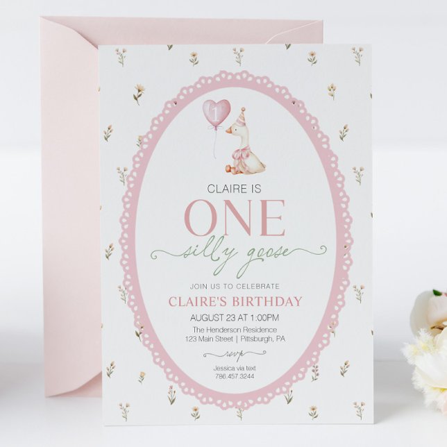 Convite Silly Goose Pink Floral First Birthday (Criador carregado)