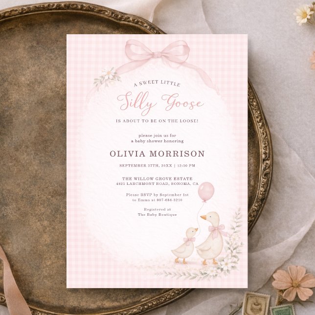 Convite Silly Goose Pink Gingham Baby Shower (Criador carregado)
