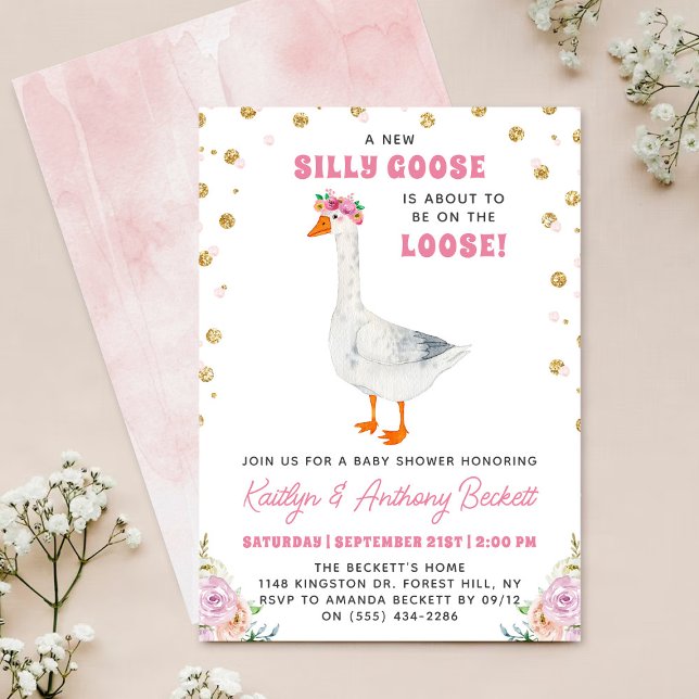 Convite Silly Goose Pink Watercolor Girls Baby Shower (Criador carregado)