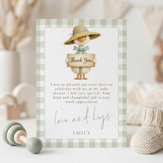 Convite Silly Goose Sage Gingham Baby Shower Thank You (Criador carregado)