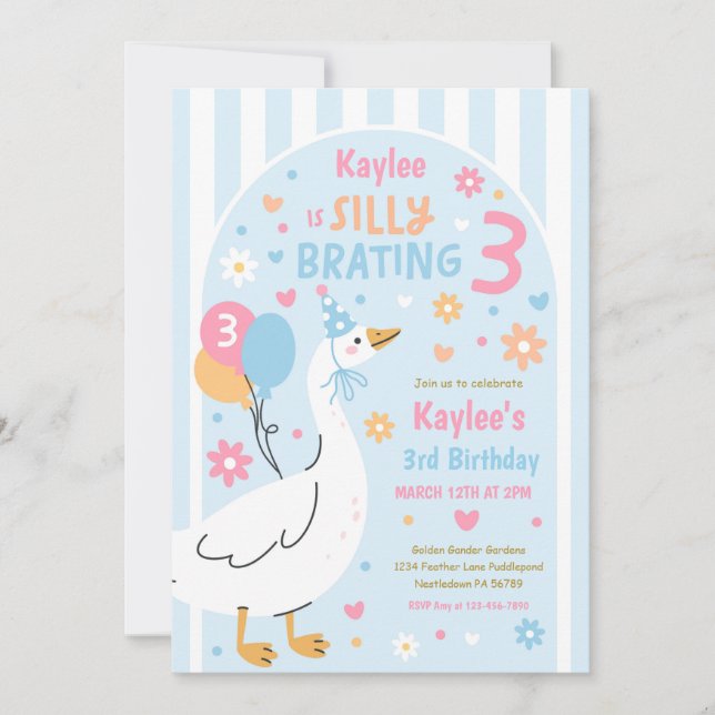 Convite Silly Goose Silly-Brating Three Birthday Party  (Frente)