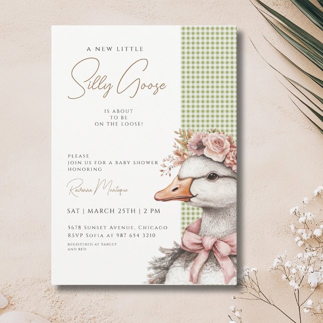 Convite Silly Goose Verde Xadrez Flor Laço Chá de Bebê (Criador carregado)