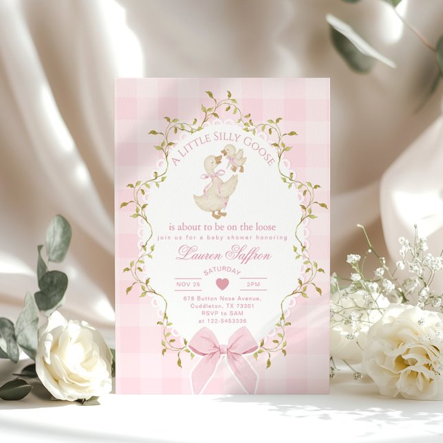 Convite Silly Goose Whimsical Pink Bow Baby Shower (Criador carregado)