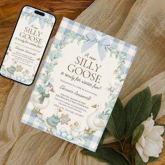 Convite Silly Goose Winter Baby Shower Blue Gingham