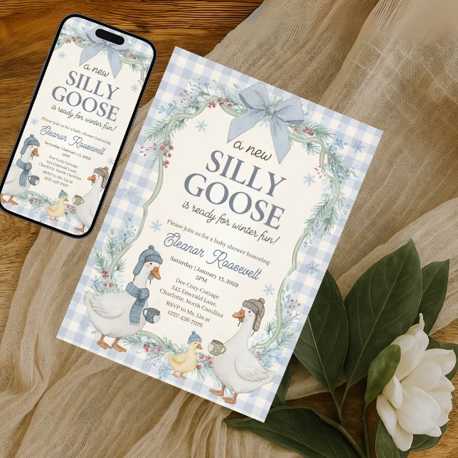 Convite Silly Goose Winter Blue Plaid Gingham Baby Shower (Criador carregado)