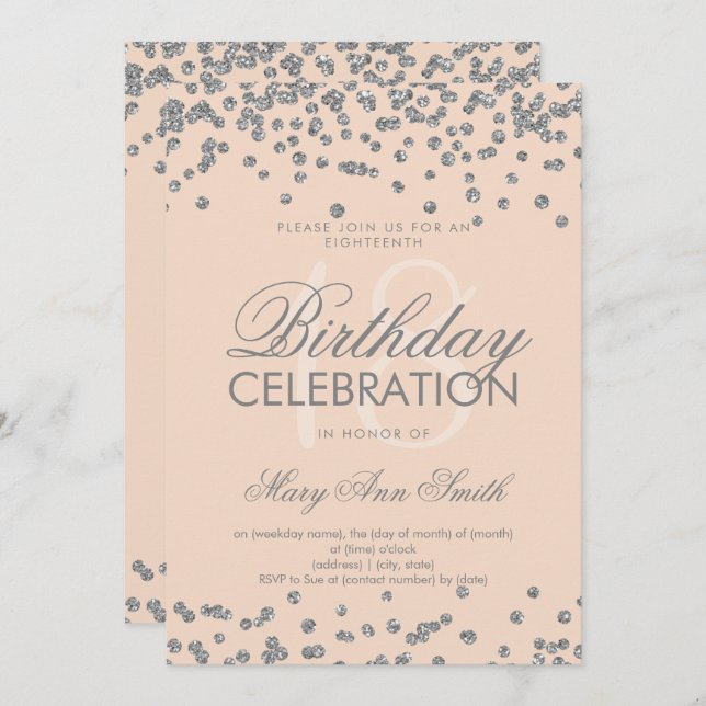 Convite Silver 18º Aniversário Glitter Confetti Rosa rosa (Frente/Verso)