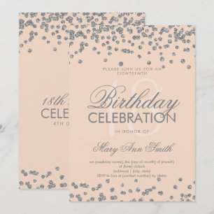 Convite Silver 18º Aniversário Glitter Confetti Rosa rosa