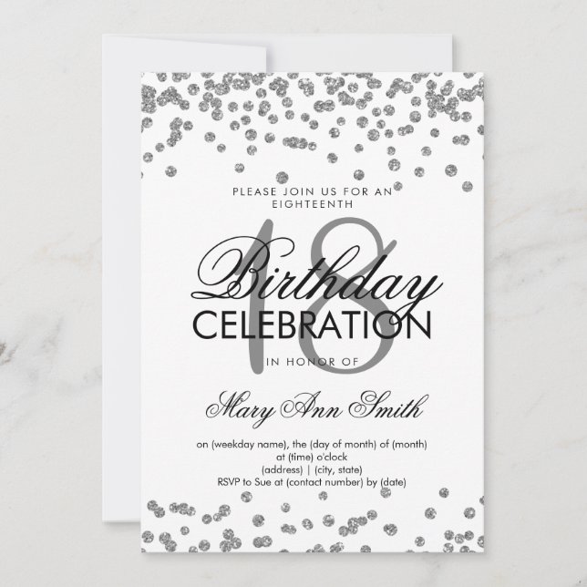 Convite Silver 18º Aniversário Glitter Confetti White (Frente)