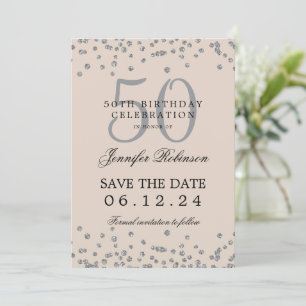 Convite Silver 50 Birthday Salvar Data Confetti Champagne