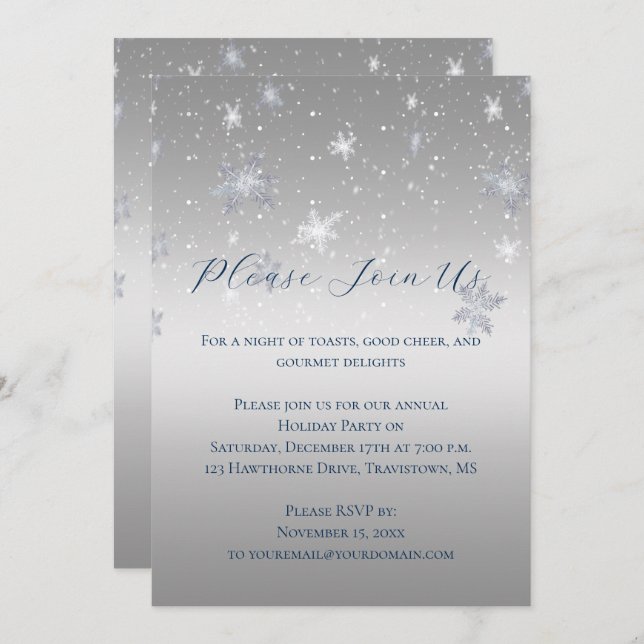 Convite Silver and Blue Snowflakes Christmas Party | (Frente/Verso)