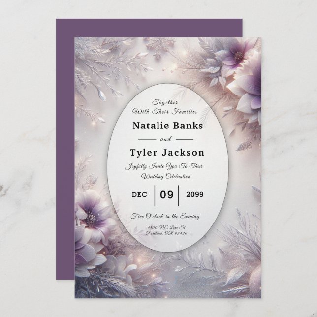 Convite Silver and Soft Amethyst Winter Blooms Wedding (Frente/Verso)