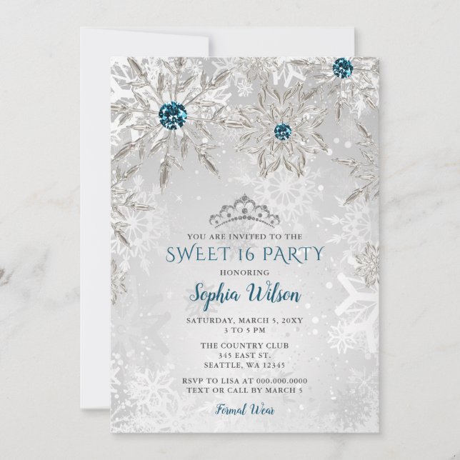 Convite Silver Aqua Snowflakes Tiara Sweet 16 (Frente)
