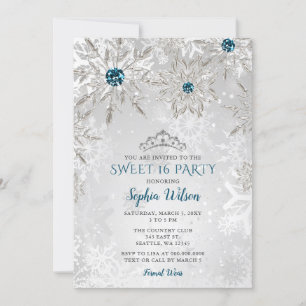 Convite Silver Aqua Snowflakes Tiara Sweet 16