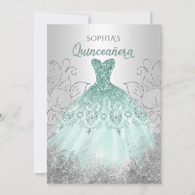 Convite Silver Aqua Sparkle Dress Quinceañera Quince (Frente)