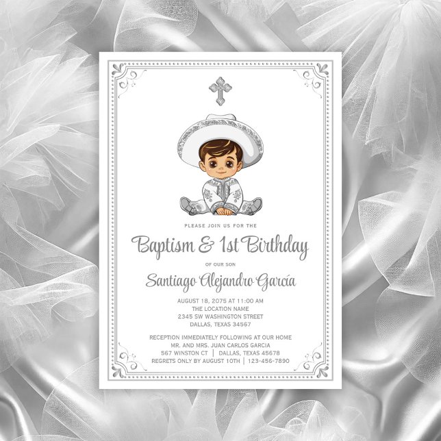 Convite Silver Baby Charro Baptism e Aniversário (Baby charro invitation, you can change all text, move/remove baby, move/remove cross as needed.)