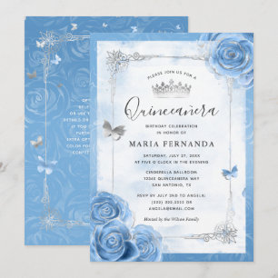 Convite Silver Bahama Rosas Azuis Elegante Quinceanera