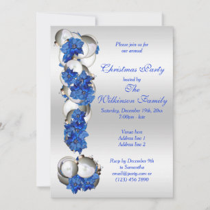 Convite Silver Baubles e Blue Poinsettia Festa de Natal