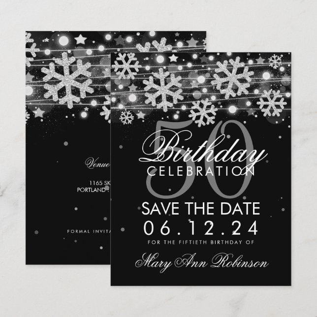 Convite Silver Black 50th Birthday Salvation Date Winter (Frente/Verso)
