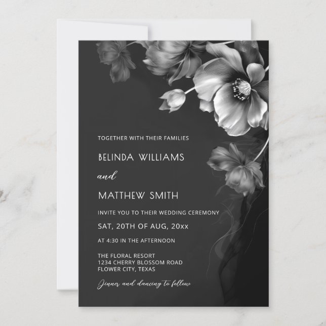 Convite Silver Black And White Flowers Wedding Invitation (Frente)