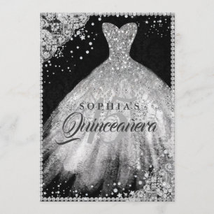 Convite Silver Black Diamond Lace Sparkle Quinceanera