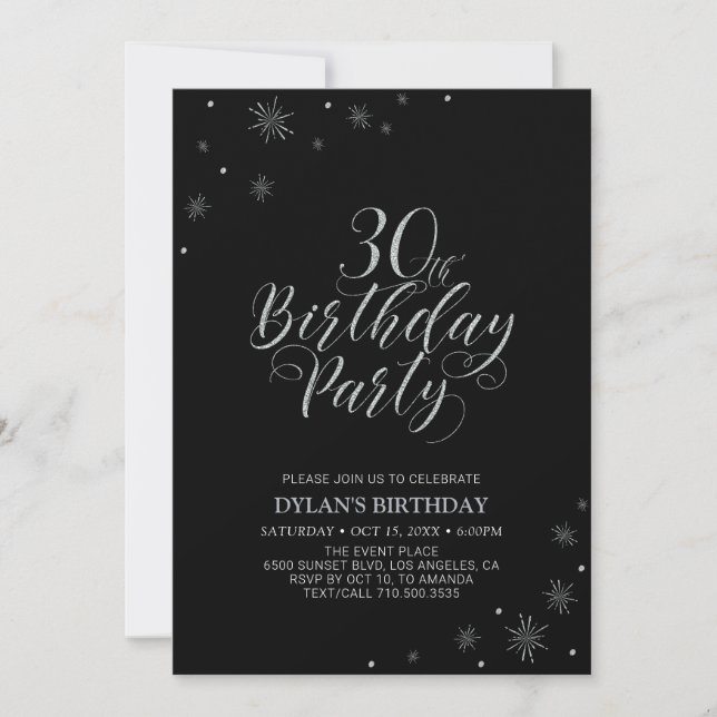 Convite Silver & Black | Festa de 30 Anos Chic Moderno (Frente)