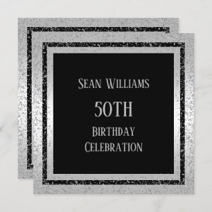 Convite Silver & Black Glitter enquadrado o 50º aniversári