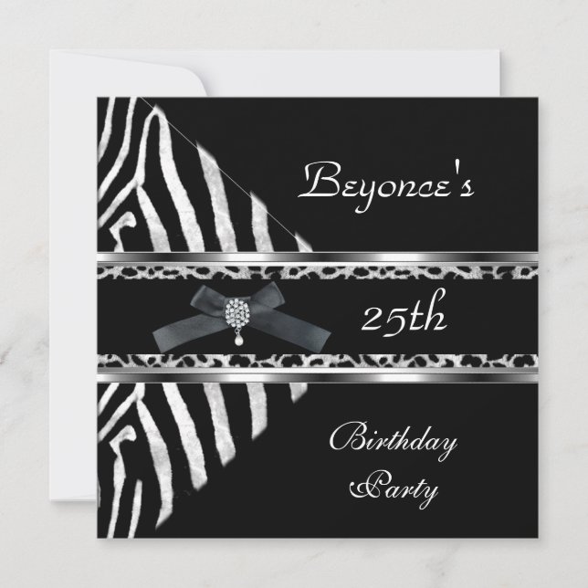 Convite Silver Black Zebra Leopardo Invite 25 Aniversário (Frente)