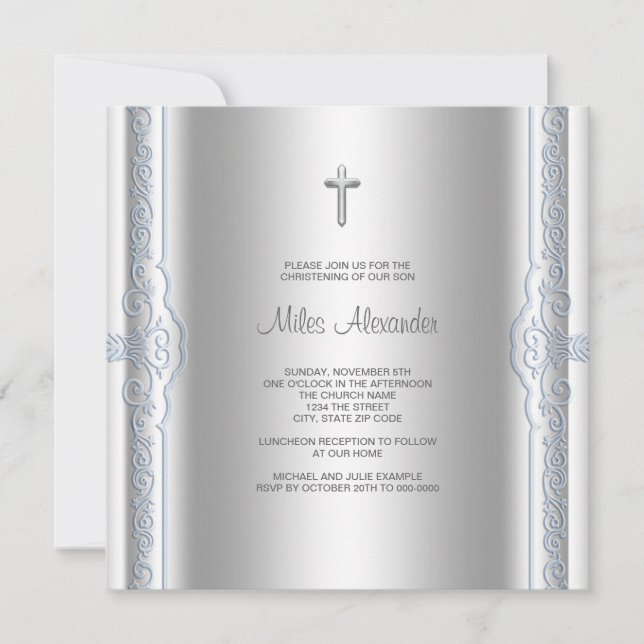 Convite Silver Blue Baby Boy Christening (Frente)