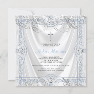 Convite Silver Blue Baby Boy Christening White Satanás