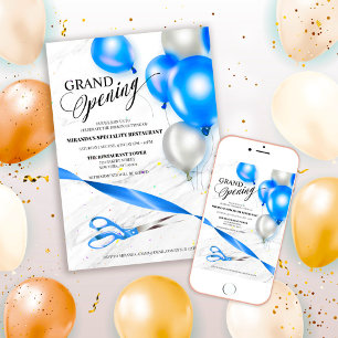 Convite Silver Blue Balloons Restaurant Grand Opening