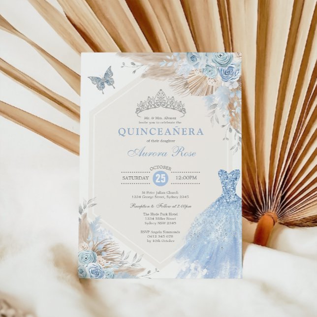 Convite Silver Blue Boho Floral Quinceañera 15 Birthday (Criador carregado)