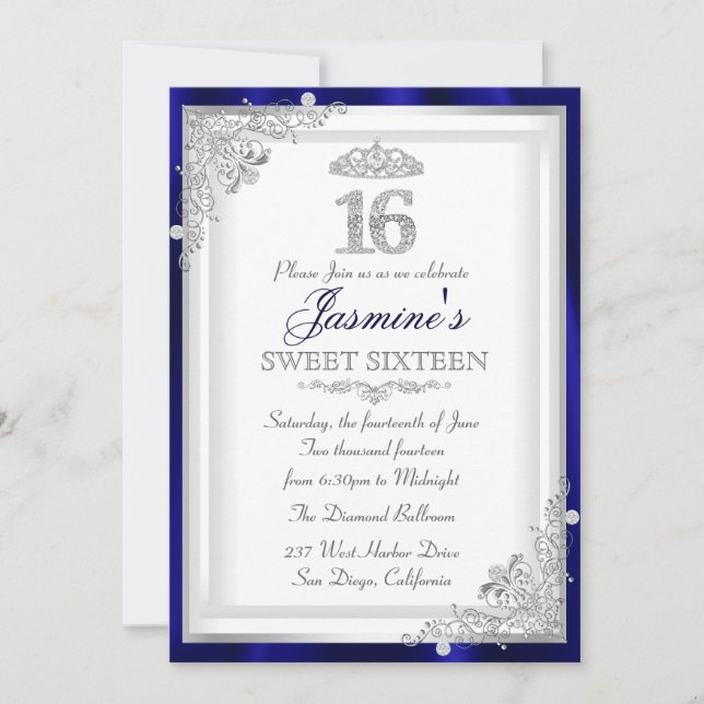 Convite Silver Blue Diamond Damask & Tiara Sweet 1 (Frente)
