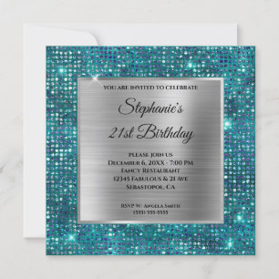Convite Silver Blue Teal Diamond Foil Study Aniversário
