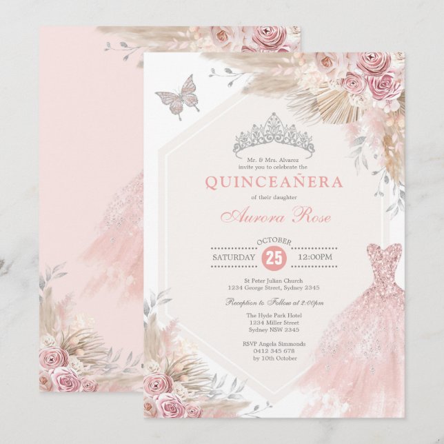 Convite Silver Blush Pink Boho Floral Quinceañera Aniversá (Frente/Verso)
