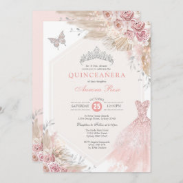 Convite Silver Blush Pink Boho Floral Quinceañera Aniversá