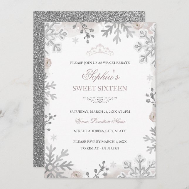 Convite Silver Blush Winter Wonderland Sweet 16º aniversár (Frente/Verso)