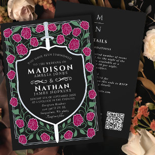 Convite Silver Burgundy Sword Shield Fantasy QR Wedes