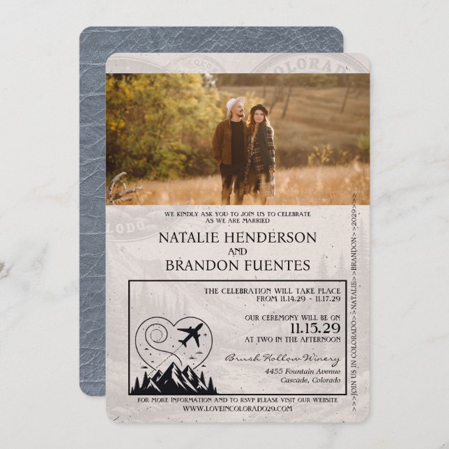 Convite Silver Colorado Passport Wedding (Frente/Verso)