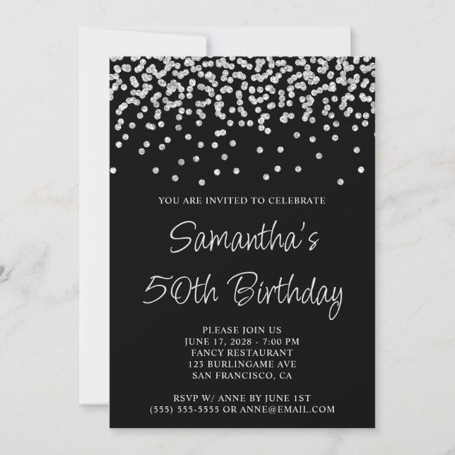 Convite Silver Confetti Glitter Black 50th Birthday (Frente)