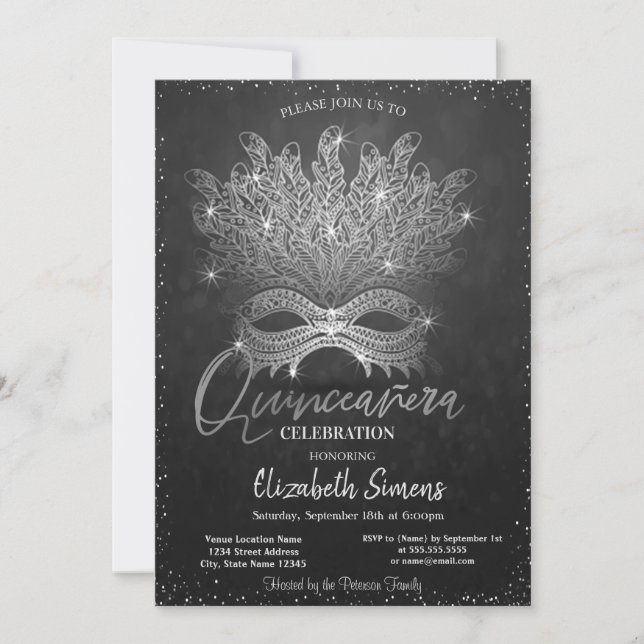 Convite Silver Confetti Masque Dark Quinceañera (Frente)