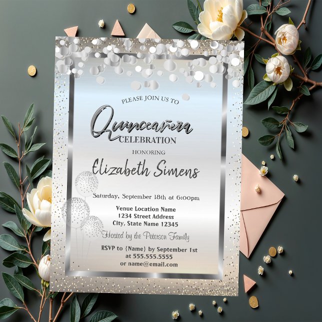 Convite Silver Confetti Pontos Balões Frame Quinceañera (Criador carregado)