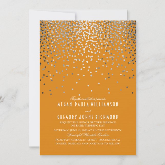 Convite Silver Confetti - Starry Luzes Laranja Casamento (Frente)