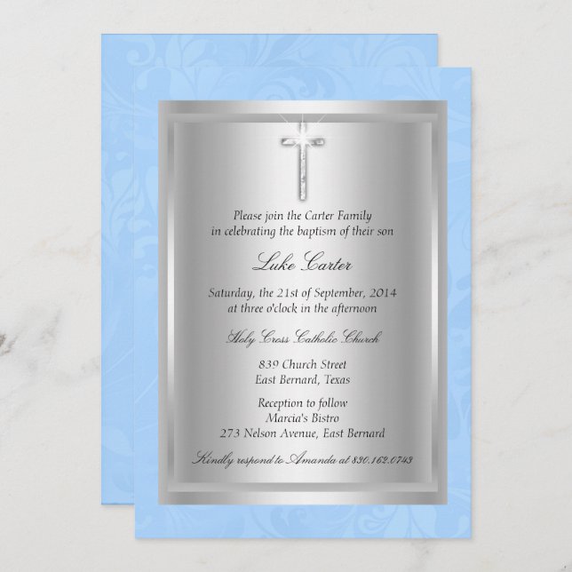 Convite Silver Cross Blue Baptism Christening (Frente/Verso)