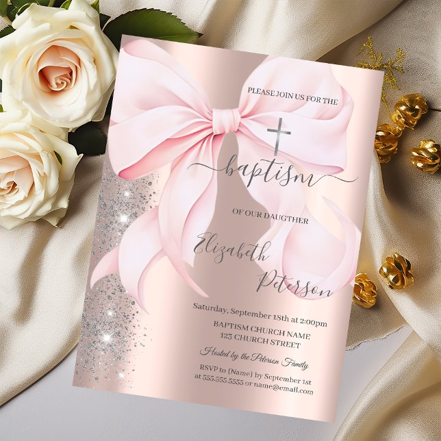Convite Silver Cross Pink Bow Rose Gold Glitter Dust  (Criador carregado)