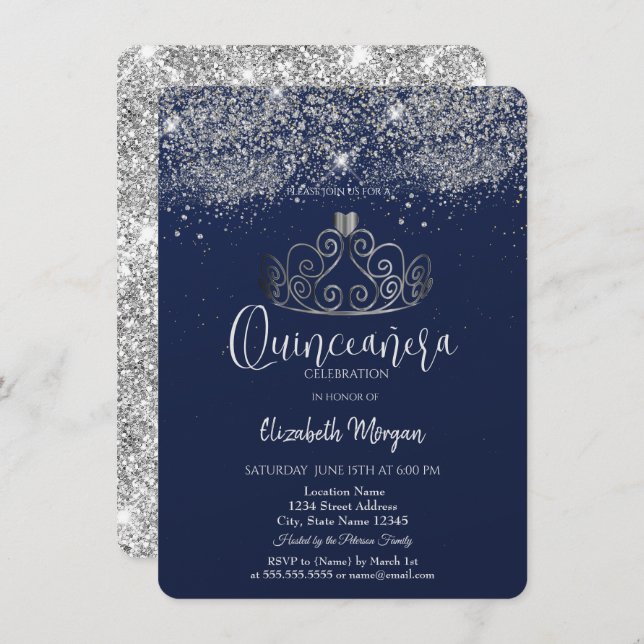 Convite Silver Crown Glitter Confetti  Blue Quinceañera   (Frente/Verso)
