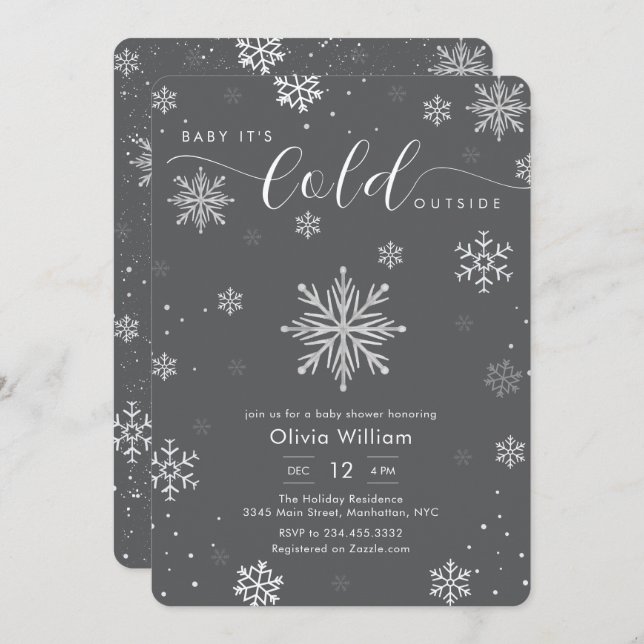 Convite Silver Dark Grey Winter Snowflake Baby Shower  (Frente/Verso)